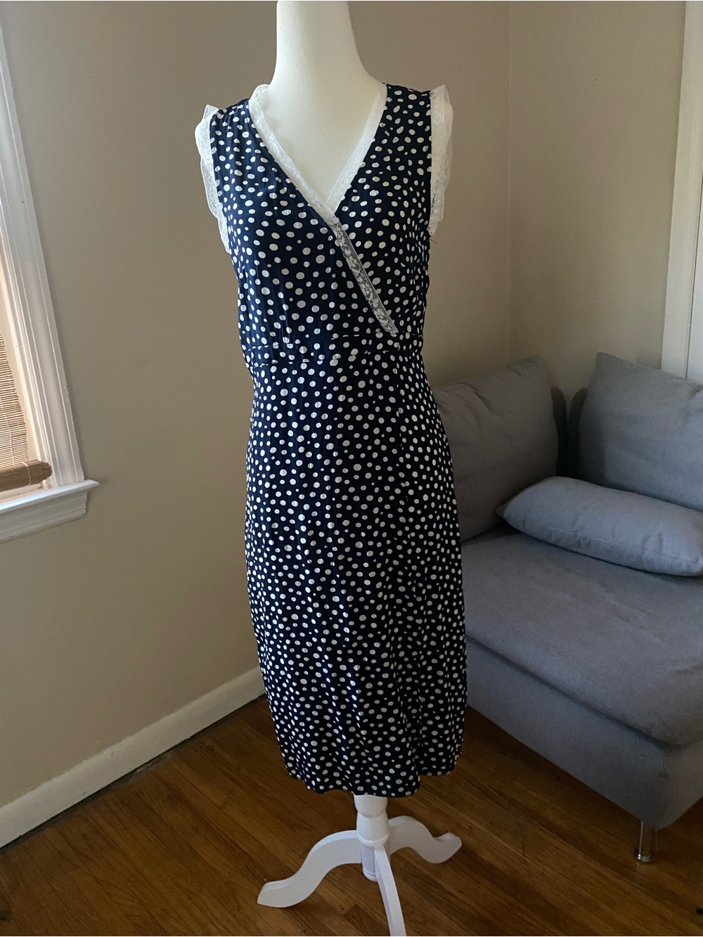 Polka Dot Sleeveless Wrap Midi Dress - Navy & White size small